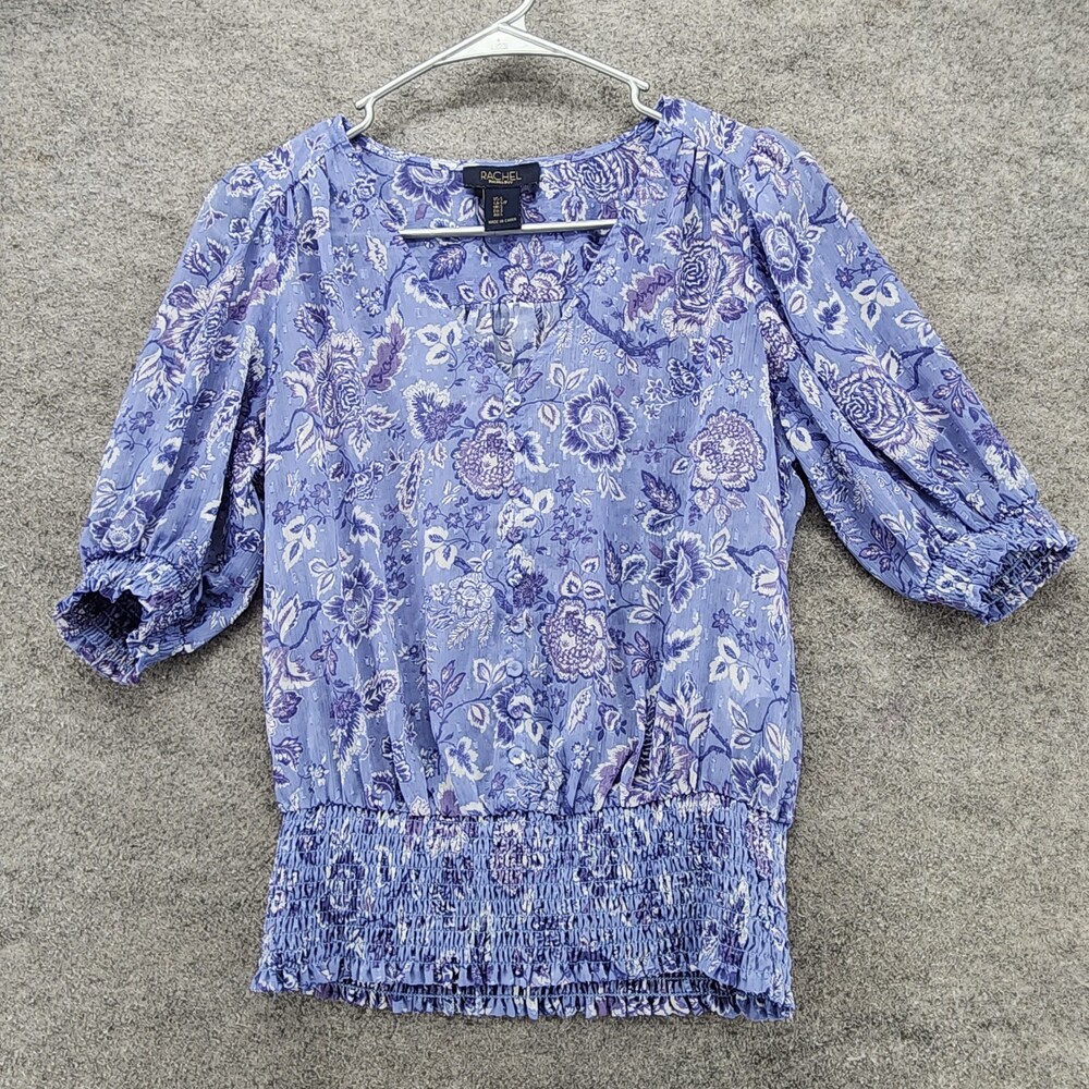 Rachel Roy Blouse Womens Small Short Sleeve V Neck Purple Floral